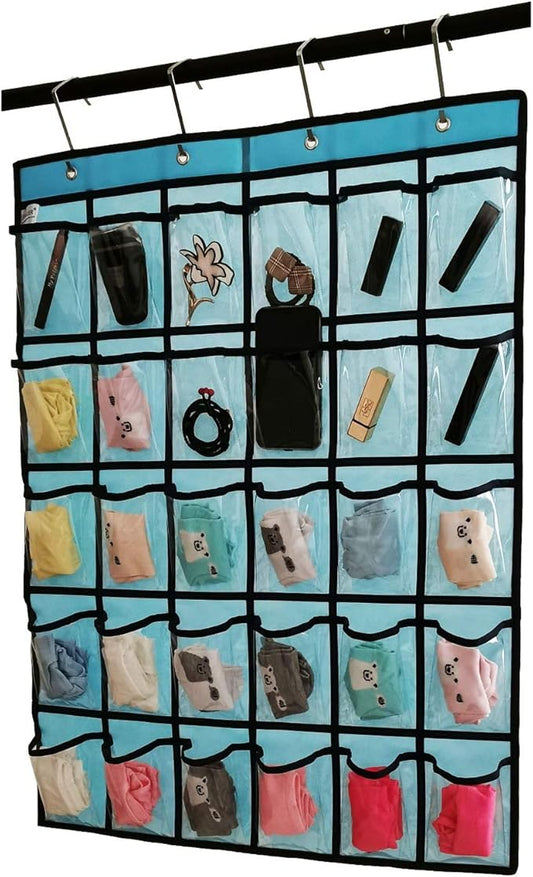 Classroom Pocket Chart for Phone Calculator Holder Over The Door Hanging Closet Jewelry Organizer with 30 Clear Pockets (Blue)-NeatNest