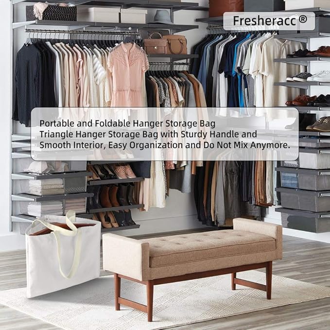 Clothes Hanger Organizer Holder for Space Saving, Hanger Triangle Storage Bag with Handles for Closet Tidier Laundry Rooms Wardrobe Drying Rack, Waterproof Portable Stacker Container (White)-NeatNest