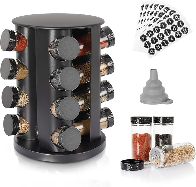 Black Countertop Rotating Spice Rack,Round Empty 16-Jars Revolving Spice Rack Organizer, 135 Spice Labels with Funnel Complete Set, for Kitchen Countertop, Cabinet-NeatNest
