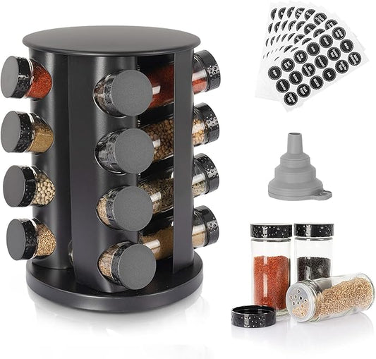 Black Countertop Rotating Spice Rack,Round Empty 16-Jars Revolving Spice Rack Organizer, 135 Spice Labels with Funnel Complete Set, for Kitchen Countertop, Cabinet-NeatNest
