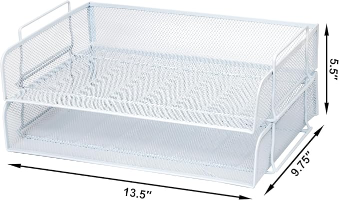 EASEPRES 2 Pack Stackable Desk Paper Tray, Metal Mesh Desktop Document Letter File Organizer for Office Home School, 13.5'' L x 9.75'' W x 5.5'' H, White