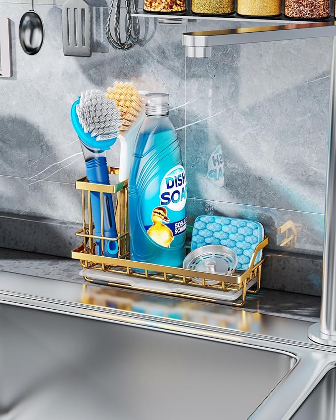 Consumest Sink Caddy, Kitchen Sponge Holder with Dish Brush Holder, Kitchen Sink Organizer with Drip Tray for Countertop, Stainless Steel Rustproof - Gold-NeatNest
