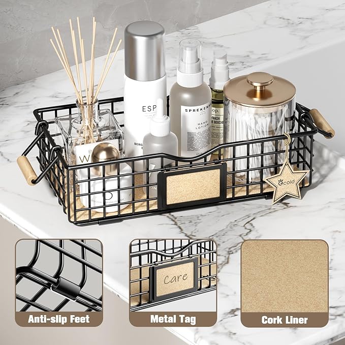 Bathroom Tray and Organizer Basket, 4 Pack Storage Baskets with Wooden Handles, Multipurpose for Bathroom, Coffee Bar, Kitchen cabinet, Living Room - Black-NeatNest