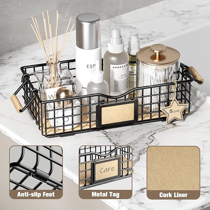 Bathroom Organizer Basket with Handle, Home Decor Organizers - Bathroom Organizers and Storage - Exquisite Vanity Organizer for Skincare - Bathroom Counter Tray for Organizing - Black-NeatNest