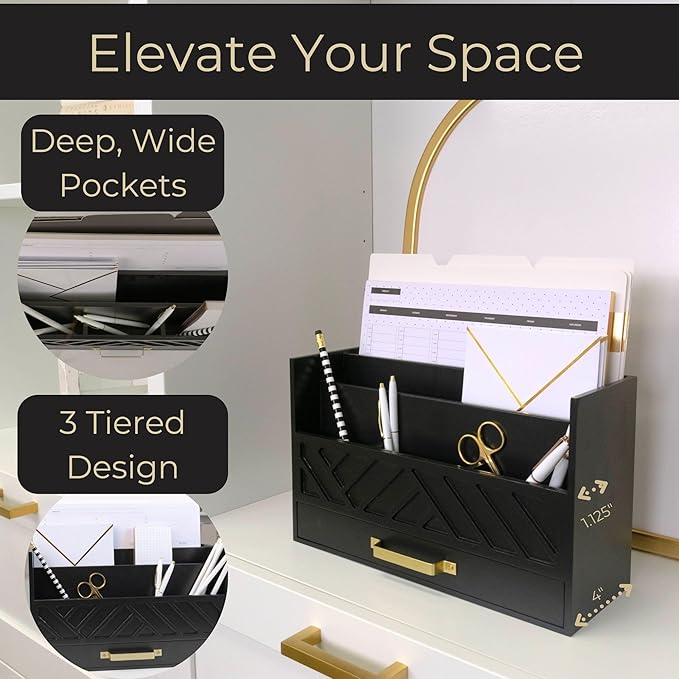 BLU MONACO Black Mail Organizer with Drawer and Gold Handle – Desktop Mail Holder and Office Supplies Storage – Home Office Desk Accessories – Letter Sorter and Paper Organizer-NeatNest