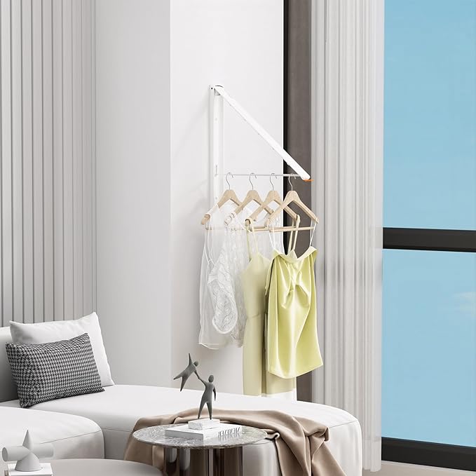 Clothes Drying Rack for Laundry Drying Rack Wall Mounted Clothes Hanger Rack Retractable Laundry Hanger Dryer Rack Space Saving Closet Organizer Aluminium (White)