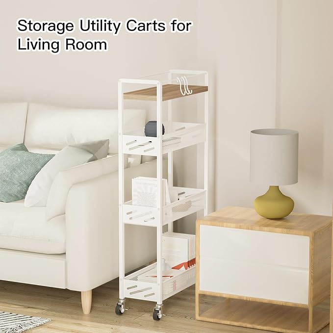 DGSNADGO Slim Rolling Storage Cart, 4-Tier Kitchen Cart on Wheels, Narrow Utility Cart with Handle and Wooden Tabletop for Small Space in Kitchen, Living Room, Bathroom, Laundry Room, Beige and White