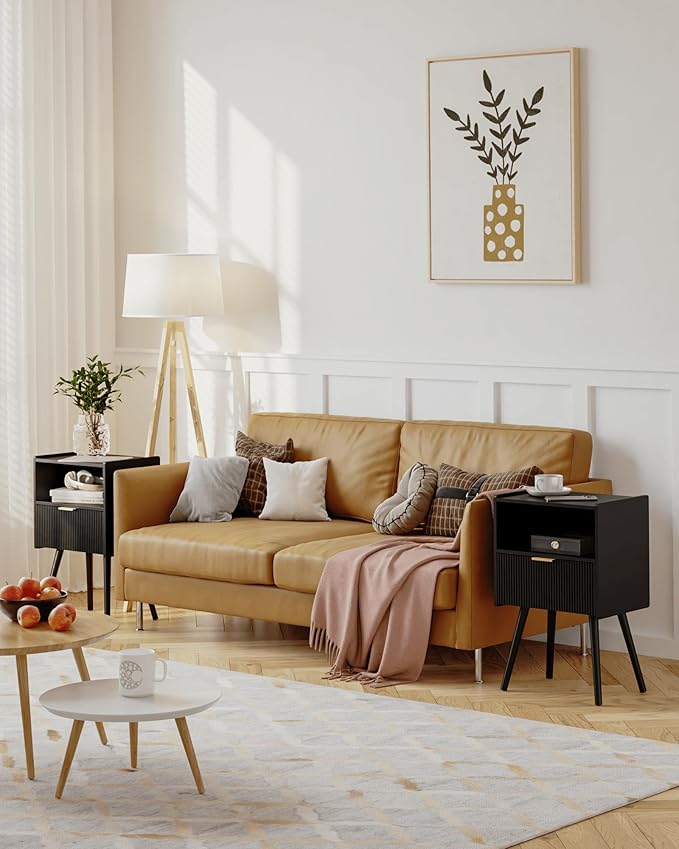 Black Nightstand,Modern Bedside Table with Storage Drawer and Open Wood Shelf, for Living Room, Bedroom and Small Spaces, Accent Night Stand with Solid Wood Legs, Easy Assembly,Classic Black-NeatNest