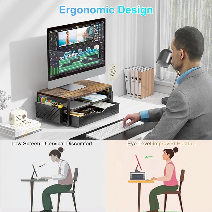 gianotter Wood Monitor Stand Riser, Office Desk Shelf Organizer, Desk Organizer with Drawer and Pen Holder, 2-Tier Computer Stand, Office Organization (Wood)-NeatNest