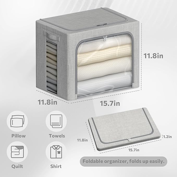 4 Pack Clothes Storage Bins with Metal Frame - Linen Fabric Foldable Stackable Container Organizer Set with Clear Window & Carry Handles & Zippers (Light Grey, 15.7"x11.8"x11.8")-NeatNest