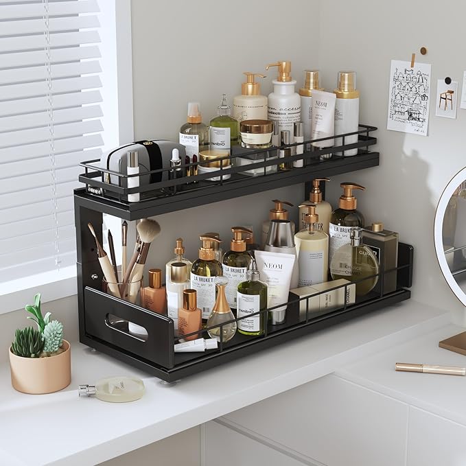 2 Pack 18 IN Depth Under Sink Organizer with Smooth Ball Bearing Slides,2-Tier Pull Out Cabinet Storage,Slide Out Drawers for Bathroom&Kitchen,Rust-resistant Coating,Height Adjustable-Black-NeatNest