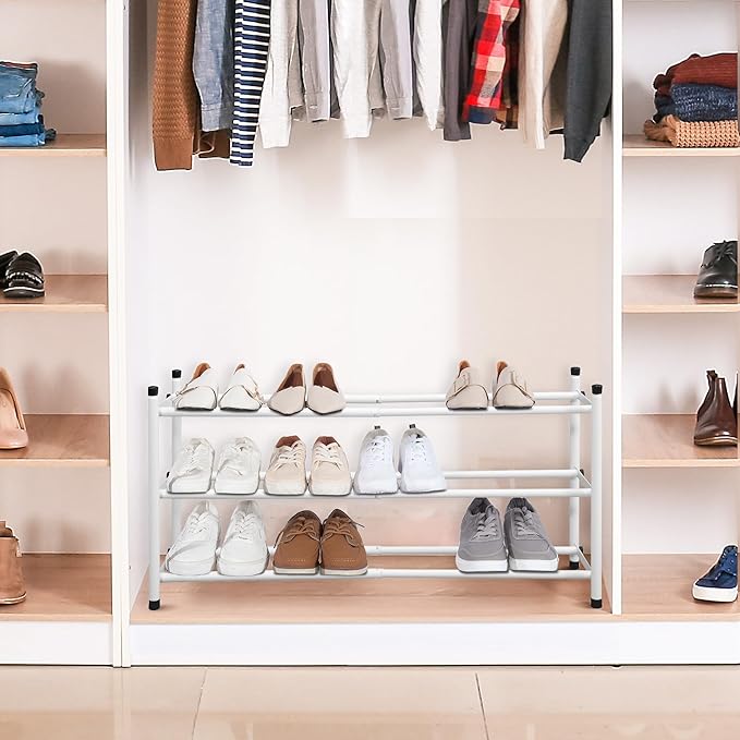 STORAGE MANIAC Expandable Shoe Rack, 12 Pairs Stackable Small Shoe Rack, Metal Adjustable Shoes Organizer for Closet, Entryway, Hallway, Garage, Front Door, Shoes Shelves, White 3 Tier-NeatNest