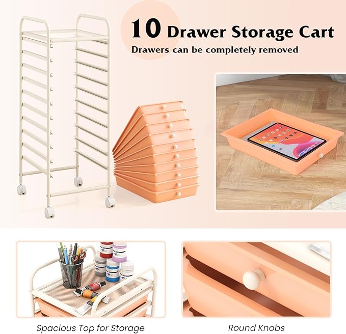 Giantex 10-Drawer Storage Cart w/Universal Wheel, Rolling Cart w/Handle, Home Organizer Storage Unit w/Removable Drawers, Trolley Utility Cart for Kitchen Makeup Living Room Office Play Room
