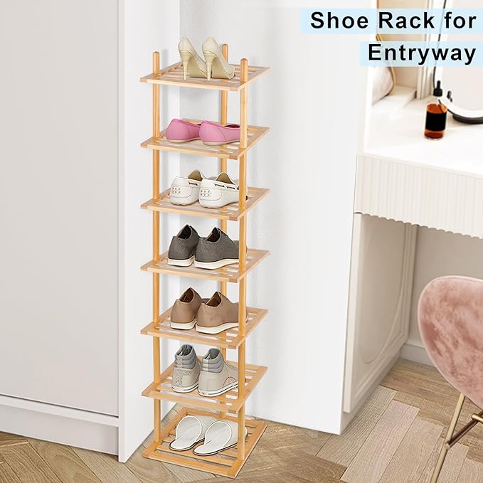 7-Tier Shoe Rack for Closet, Shoes Organizer Free Standing Shelf Entryway and Closet Hallway, Small Space Stackable Bamboo Multifunctional Racks Shoe Storage-NeatNest