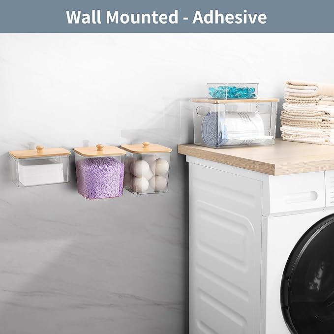 Extra Large Trash Bag Holder 4 Pack Garbage Bag Dispenser Roll Holder with Lid Laundry Room Organizer Under Sink Stackable Storage, Wall Mounted Laundry Dryer Sheet Holder Clear Pod Container