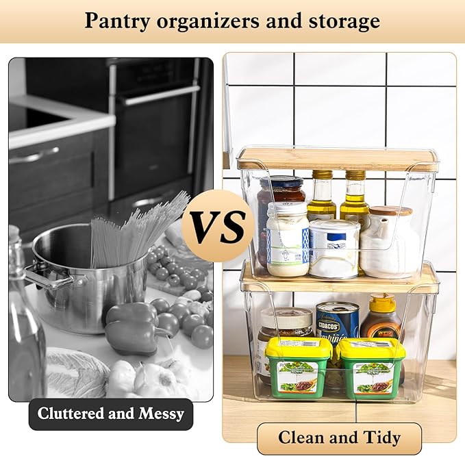 4 Set Pantry Organizers and Storage with Bamboo Cover, Fruit and Vegetable Can for Kitchen Organizer, Clear Front Open Bins with Handle Storage Bins for Potato, Onion, Garlic, Fruits, Vegetable
