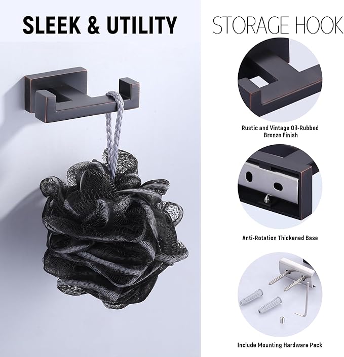 Double Bathroom Towel Hook for Wall Mounted - Oil Rubbed Bronze Modern Towel Holder - Heavy Duty Coat Robe Hooks for Wall - Stainless Steel Shower Towel Hanger