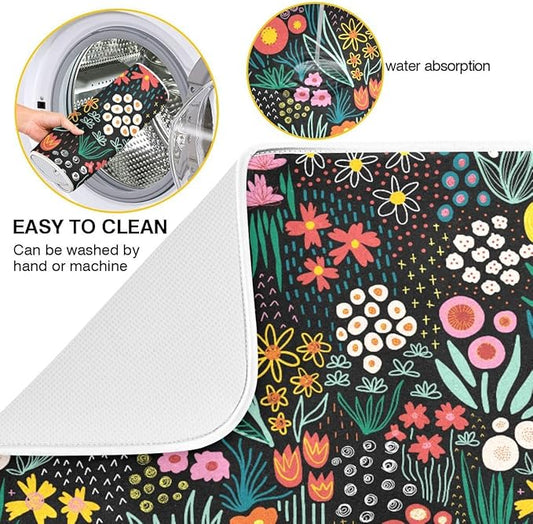 Colorful Floral Absorbent Dishes Drainer/Rack Mat for Countertop Small Size 16 x 18, Microfiber Dish Drying Pads Kitchen Counter Draining Pad-NeatNest