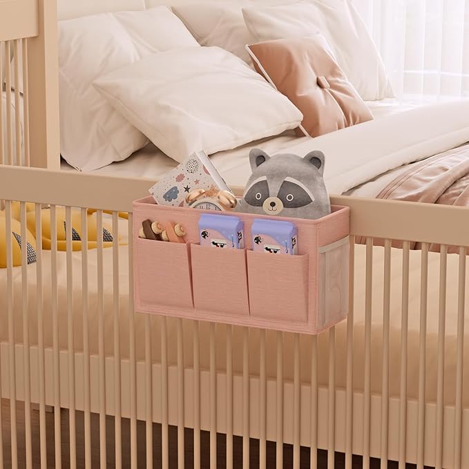 Dual-purpose Bedside Caddy Bedside Organizer, Bed Caddy with 6 Pockets, Versatile Bedside Storage Solution Magazine Remotes holder, ideal for Home, Dorm, Hospital, Crib Bed (Pink)-NeatNest