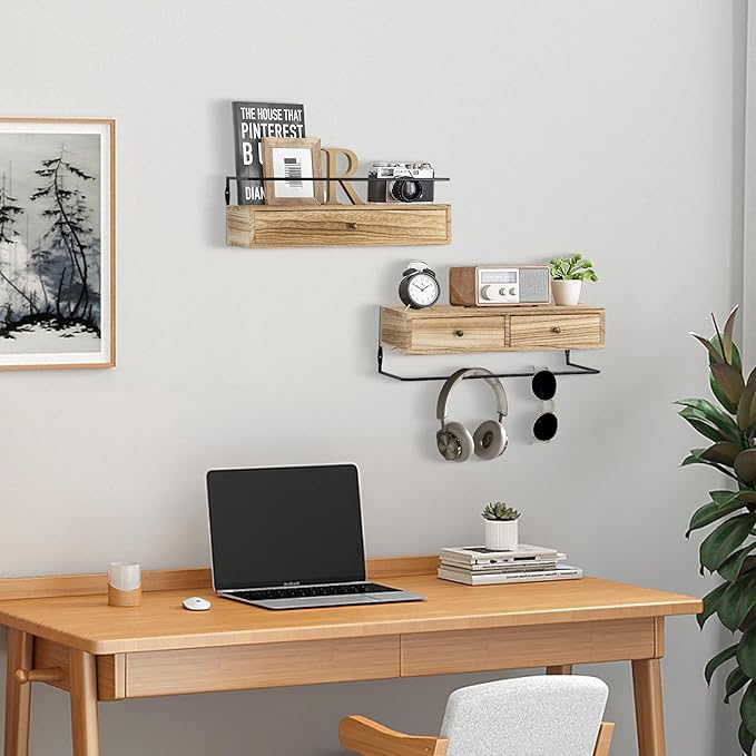 Floating Shelves - Wall Mounted Bathroom Shelf Set of 2 with Drawers, Rustic Wood Shelves for Bedroom, Living Room, Kitchen, Wall Decor, Plants, Books (Brown)-NeatNest