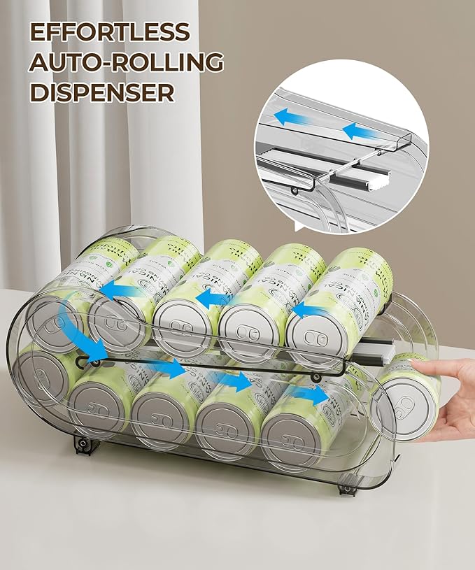 Drink Organizer for Fridge, Soda Can Organizer Dispenser for Refrigerator with Automatic Rolling,Organize Standard Size 11.15oz or 12oz Cans Drink,Save space for Fridge、Kitchen、countertop (4 pack)