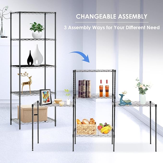 5 Tier Wire Shelving Unit, Adjustable Wire Rack Shelving, Changeable Metal Wire Storage Shelves for Kitchen, Laundry, Bathroom, Balcony, Pantry (11.4" D x 21.3" W x 59" H, Black)