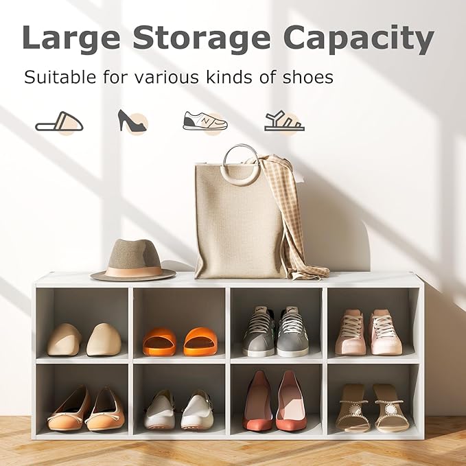 Tangkula 8 Cubbies Shoe Storage Bench, Shoe Organizer with 500 LBS Weight Capacity, Cubby Shoe Rack Storage Cabinet for Entryway, Hallway, Living Room and Bedroom (White)