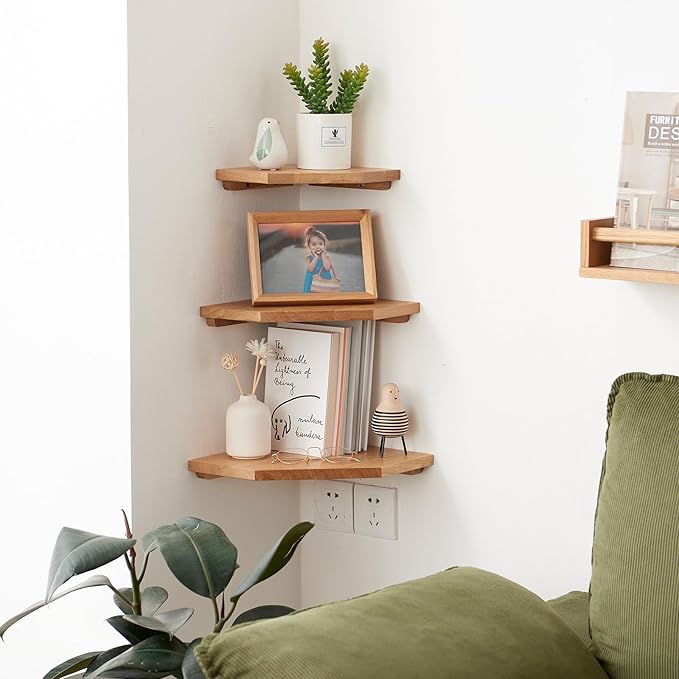 Floating Corner Shelf Solid Oak Wood Corner Wall Shelf with Wire Hole for Cable, Small Plant Display Corner Shelf Wall Mount for Bedroom Living Room Kitchen, 7 inches-NeatNest