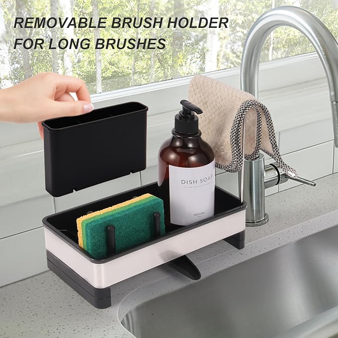 Dish Sponge Holder - Stainless Steel & PP Sink Caddy, 360° Rotatable Self-draining, Space-Saving Kitchen Sink Organizer with Removable Dish Cloth Rack (Black)-NeatNest