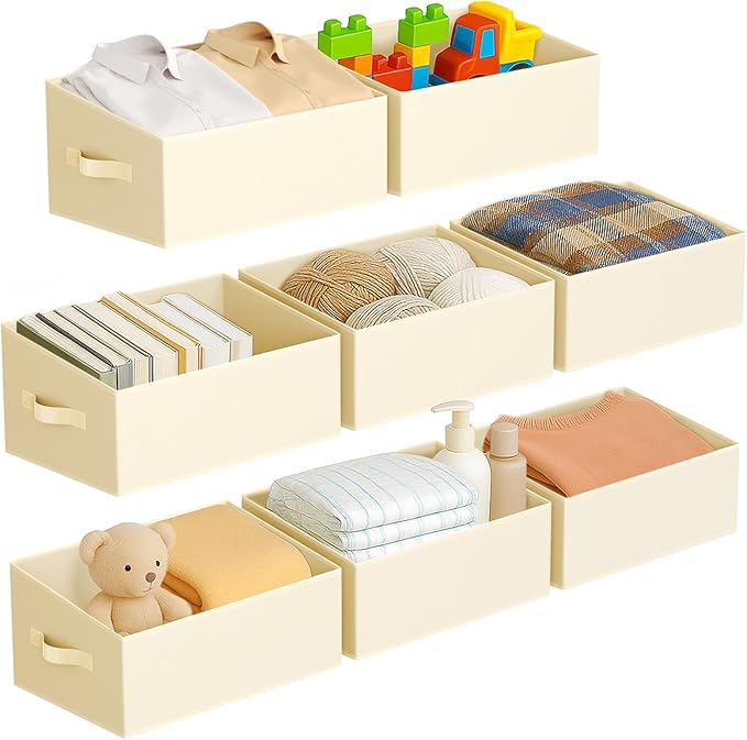 DIMJ Large Closet Storage Bins 8 Pack - Fabric Trapezoid Closet Organizer Bin, Foldable Storage Baskets for Shelves, Closet Shelf Organizer, Clothing Storage Box for Toys, Books, Towel, Clothes, Beige-NeatNest