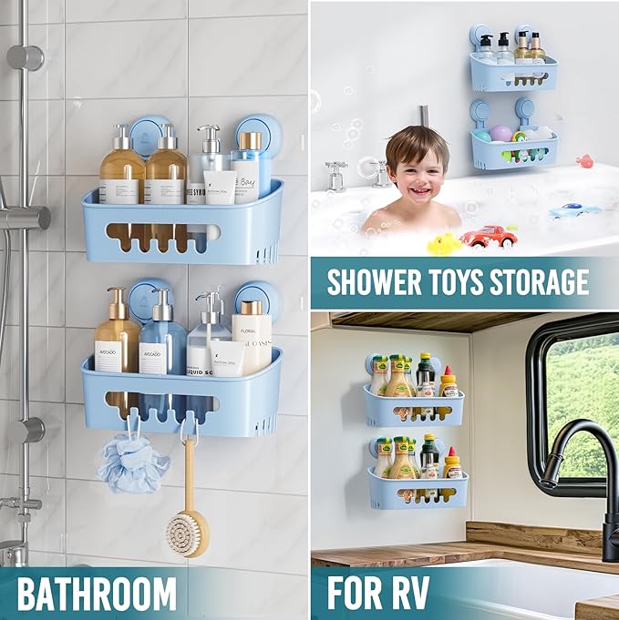 TAILI Shower Caddy Suction Cup 2 Pack, Heavy Duty Bathroom Organizer, Removable Shelves for Inside Shower, Shampoo, Waterproof Suction Plastic Storage for Bathroom Accessories Holder, Blue