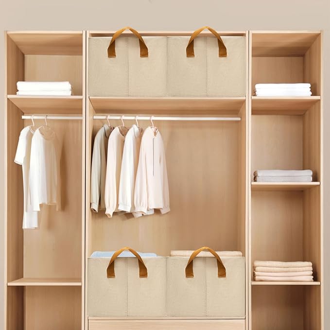 4 Pack Closet Cloth Storage Bins for Shelves,Large Storage Baskets for Shelves, Fabric Bins for Closet organization with Handles( Beige 17''L x 12.6''W x 7.5''H)-NeatNest