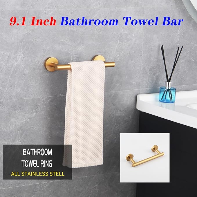 GERZWY 9-Inch Bathroom Towel Bar Gold Stainless Steel Bath Hand Towel Holder Modern Round Style Wall Mount AG1101C23-BE
