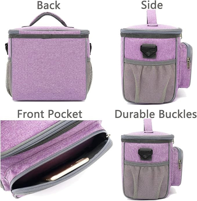 FlowFly Insulated Reusable Lunch Bag Adult Large Lunch Box for Women and Men with Adjustable Shoulder Strap,Front Zipper Pocket and Dual Large Mesh Side Pockets,Purple-NeatNest