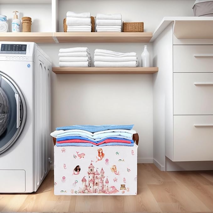 Cute Rectangle Baby Girl Gift Basket Toy Storage Bin Nursery Playroom Bedroom Decor (Pink Castle)-NeatNest