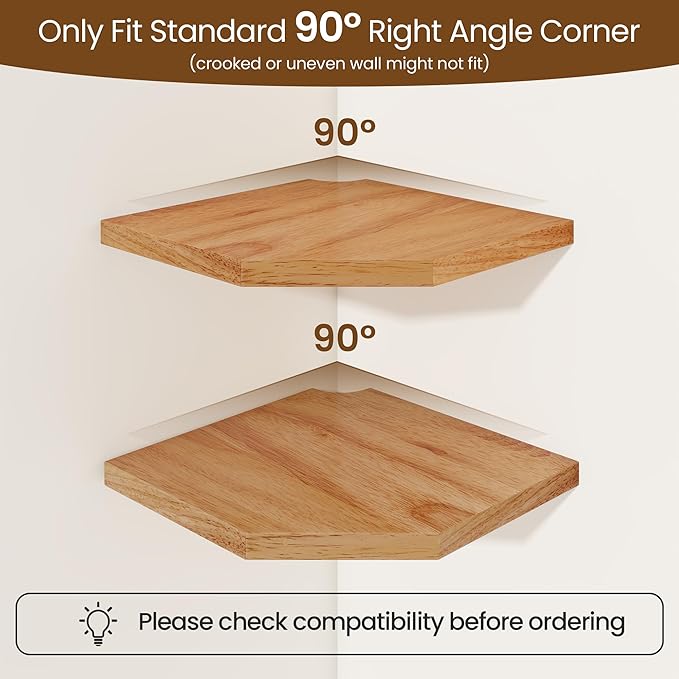 Fun Memories Corner Shelf Wall Mount, Solid Oak Wood Floating Corner Shelves with Cable Hole, 10in Rustic Design for Bedroom, Bathroom, Kitchen, Living Room (Natural, 1 Pack)-NeatNest