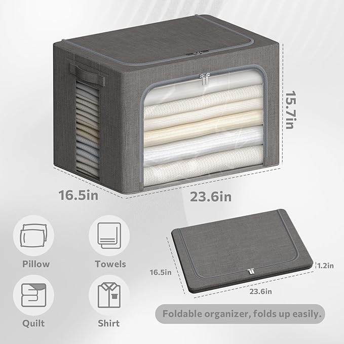 4 Pack Clothes Storage Bins with Metal Frame - Linen Fabric Foldable Stackable Container Organizer Set with Clear Window & Carry Handles & Zippers (Dark Gray, 23.6"x16.5"x15.7")-NeatNest