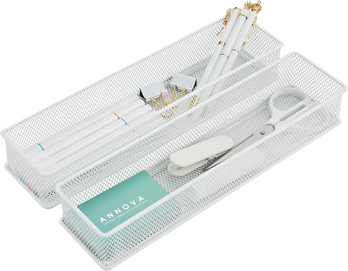 Annova Mesh Stackable Drawer Cabinet and Shelf Organizer Bins Storage Basket School Office Supply Holder Tray- Set of 2 (White, 3x12x2 Inch)-NeatNest