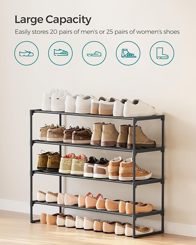 SONGMICS Shoe Rack, 4-Tier Shoe Organizer, Metal Storage Shelf, Upright or Upside Down, for 20-25 Pairs, Stackable, for Entryway, 11.8 x 36.2 x 29.5 Inches, Black ULSA14BK-NeatNest