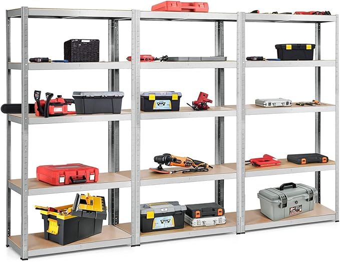 ERGOMASTER 5 Tiers Steel Shelves for Storage Heavy Duty Garage Organization Utility Shelf Rack for Books, Kitchenware and Tools 72 x 16 x 108 in (Set of 3,Silver)