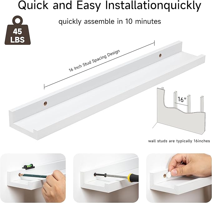 Fun Memories Picture Ledge Shelf, 24 Inch Floating Shelves Set of 2, Nursery Book Shelves for Toys Storage, Kids Bookshelf Wall Mounted for Wall Decor Books Photo Frames, White-NeatNest