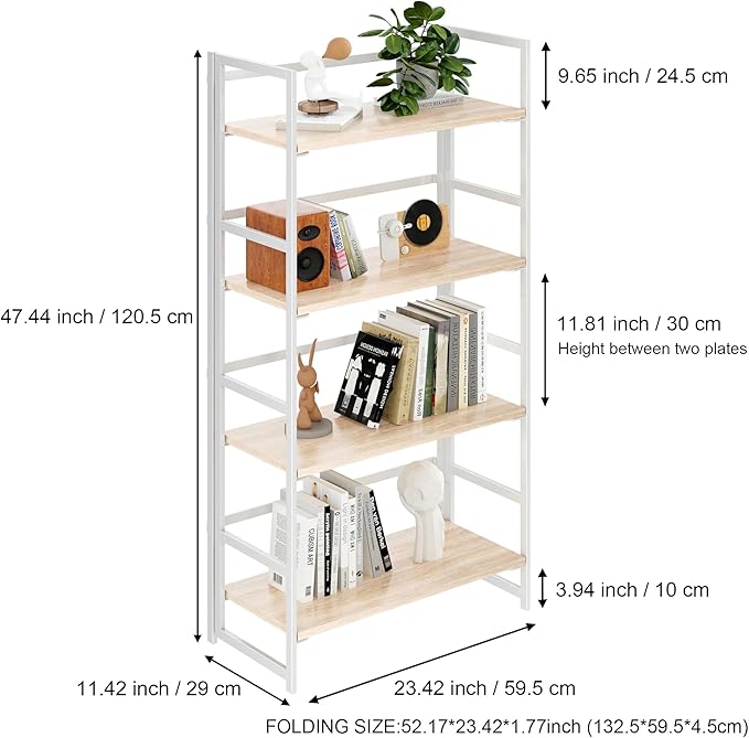 BHG Vintage Multifunctional Folding Bookshelf, No-Assembly Plant Stand Storage Rack Shelves for Home Office (White, 4-Tier)-NeatNest