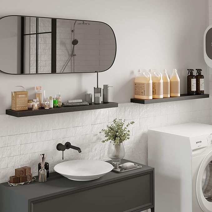 BAMEOS Floating Shelves, Black Wall Mounted Wooden Shelves with Invisible Brackets Set of 2,47 x 9-NeatNest
