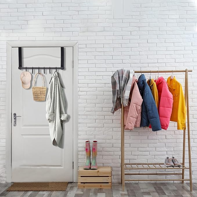 Over The Door Hooks Door Hanger, Moving 6-Hooks Over Door Coat Rack for Hanging, Aluminum Heavy Duty Door Organizer for Towel Robe Hat Bag, Behind Back of Door Bathroom (Black)