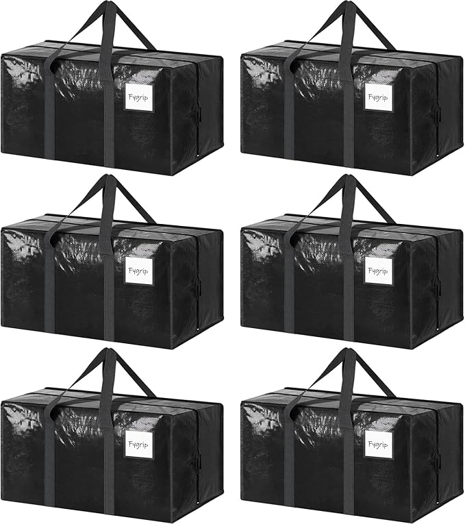 6 Pack Extra Heavy Duty Large Moving Bags with Strong Zipper & Comfortable Handles, Sturdy & Durable Clothes Storage Bags Totes Bins, Packing Moving Boxes for College Supplies, Black-NeatNest