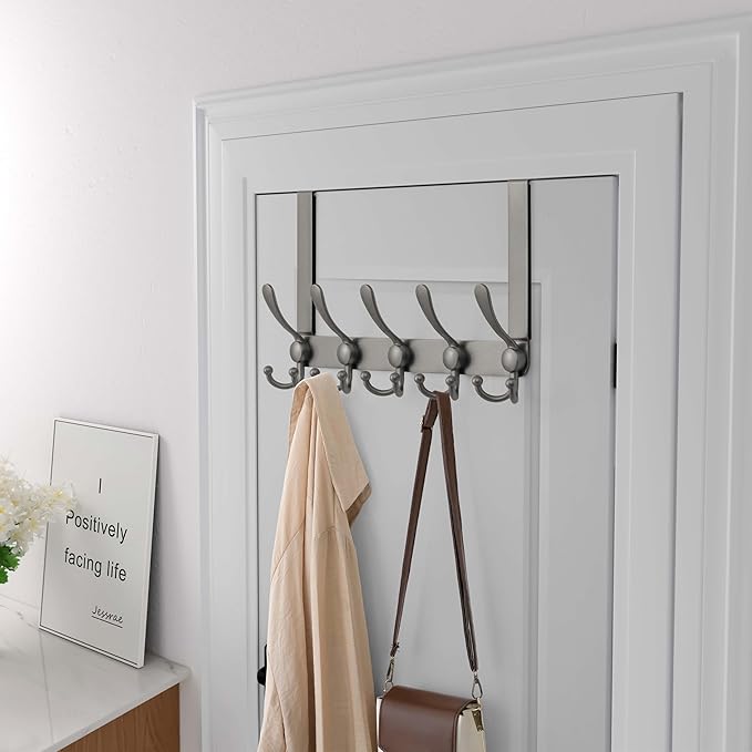 Dseap Over Door Hook 2.0 - Upgraded Version - Simple-Assembly, Strong, Heavy-Duty Stainless Steel 5-Tri-Hook Over The Door Hanger Rack, SimpleStrong Series, Grey, Pack of 2