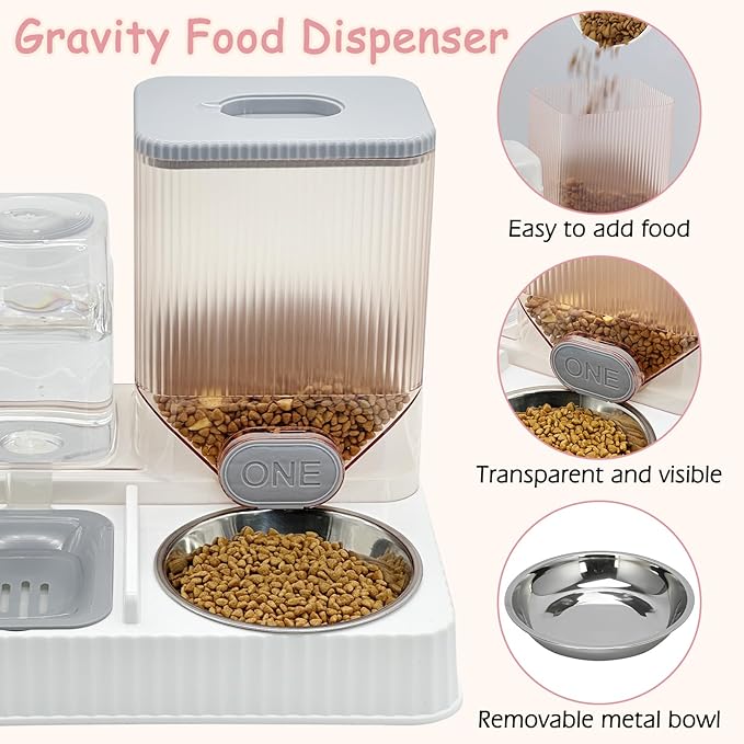 Fhiny Gravity Cat Feeder & Water Dispenser, 2 in 1 Automatic Puppy Waterer Removable Stainless Steel Food Bowls Set Self Feeding Pet Food Storage for Cat Kitten Puppy Easy Clean (Grey)-NeatNest