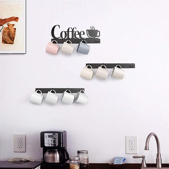HULISEN Coffee Mug Wall Rack, Coffee Cup Holder Wall Mounted with 12 Heavy Duty Hooks and Metal Coffee Sign, Rustproof Tea Cup Hanger Display Decor for Coffee Bar, Kitchen, Office-NeatNest
