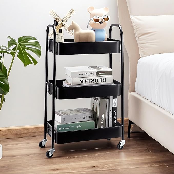 SETTFRFE 3 Tier Rolling Cart Metal,File and Art Cart with Wheels,Storage Shelf Organizer Cart for Bathroom,Office,Kitchen,Black-NeatNest