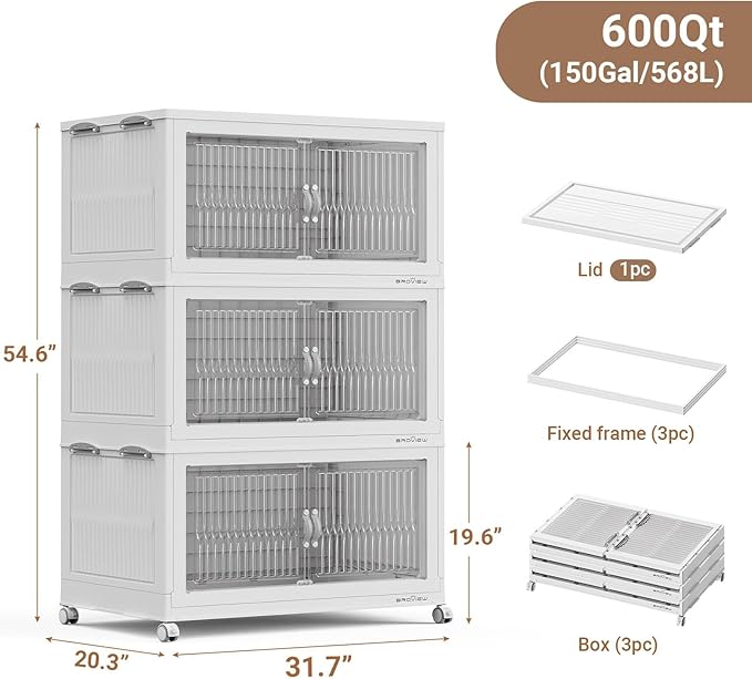 600Qt Extra Large Stackable Storage Bins with Lid, Closet Organizer Collapsible Drawer Boxes with Wheels, Folding Plastic Cabinet Containers for Home Kitchen Room Organization, 3Pack White